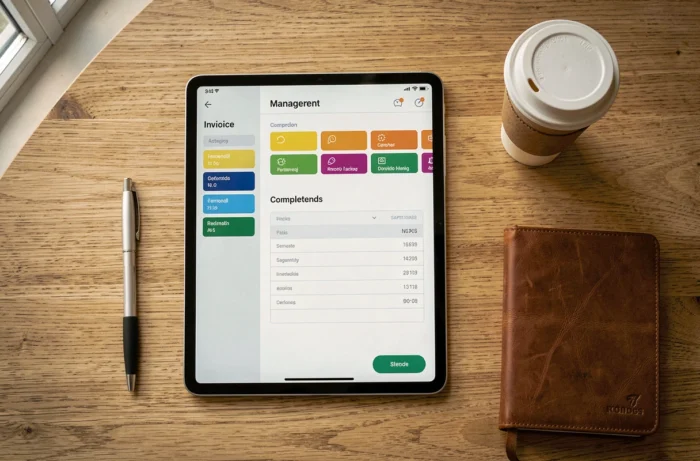 Vue en plongée d'une tablette affichant une application de facturation pour auto-entrepreneur sur un bureau en bois
