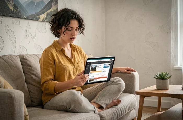 Jeune photographe consultant les tarifs de l'abonnement Lightroom Classic sur une tablette depuis son salon