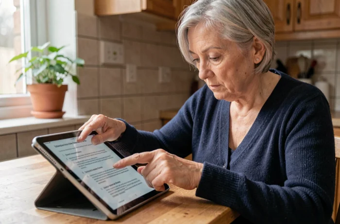 Une femme d'une cinquantaine d'années aide un proche sous tutelle en téléchargeant l'application Mon Proxima sur une tablette dans une cuisine familiale