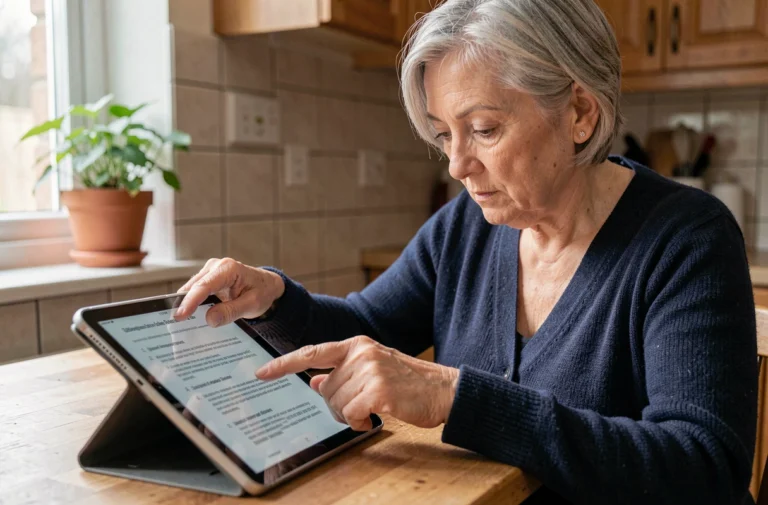 Une femme d'une cinquantaine d'années aide un proche sous tutelle en téléchargeant l'application Mon Proxima sur une tablette dans une cuisine familiale