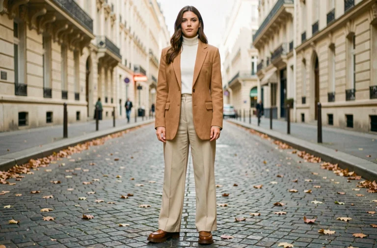 Femme en blazer camel oversize et pantalon large dans une rue parisienne en automne, style mode tendance saison