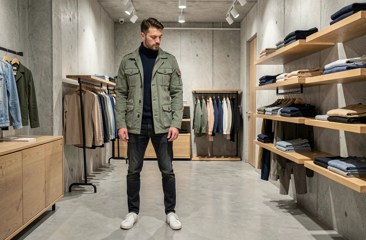 Homme en veste utilitaire vert sauge dans un concept store minimaliste moderne, tendances mode masculine automne