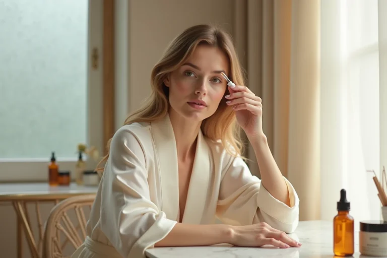 Femme appliquant un sérum beauté sur sa peau devant une coiffeuse en marbre minimaliste, ambiance soin naturel et élégant