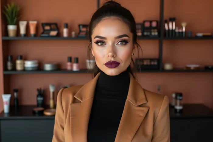 Femme maquillée avec un eye-liner graphique et une lèvre bordeaux, style beauté éditorial contemporain en studio urbain