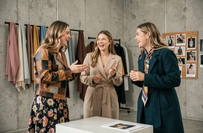Trois jeunes femmes en tenues tendance discutant dans un studio éditorial mode aux murs en béton, nouvelles collections saison