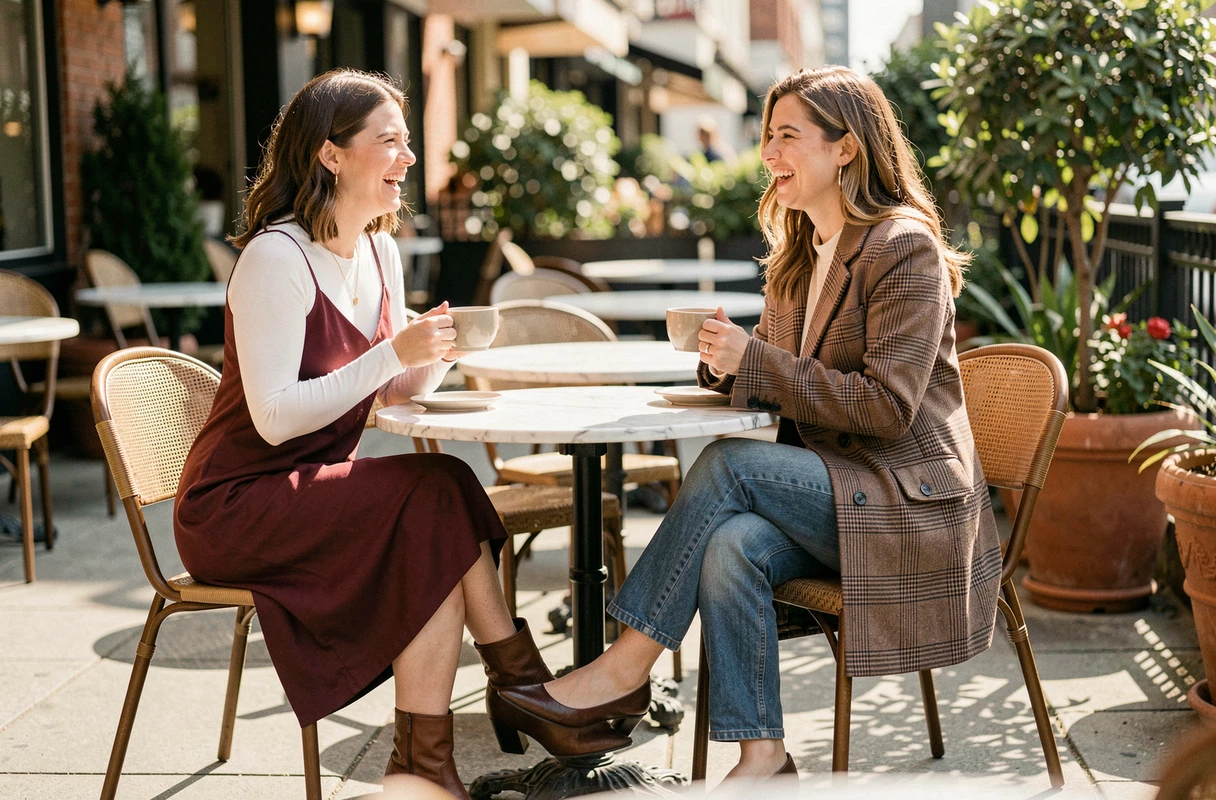 Deux femmes en tenues tendance automne assises en terrasse de café, looks superposés et style mode saison actuelle