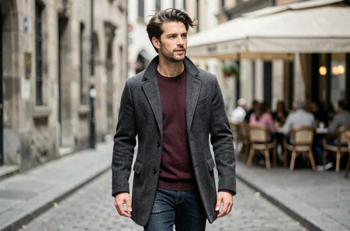 Homme en manteau charcoal et pull bordeaux marchant dans une rue pavée européenne, tendances mode masculine automne