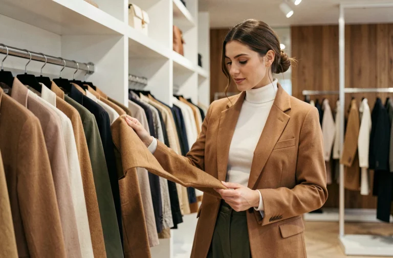 Femme élégante en blazer camel parcourant les nouvelles collections d'un concept store parisien minimaliste, tendances mode automne-hiver