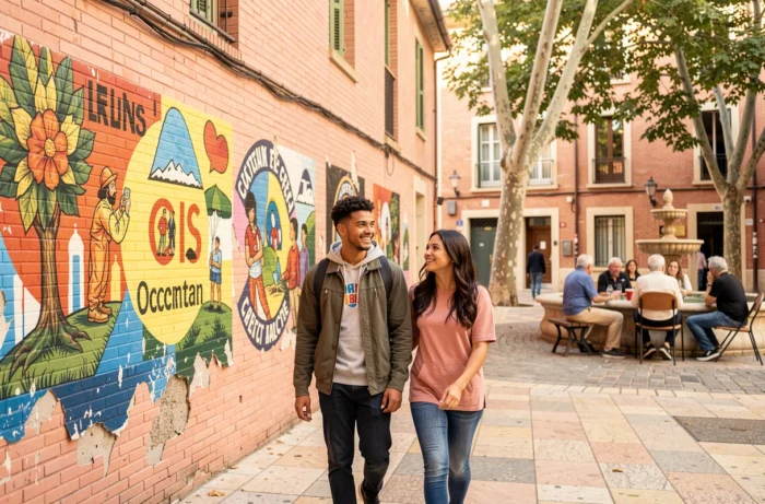 Un couple métis se promène devant des fresques murales occitanes sur la brique rose caractéristique de Toulouse