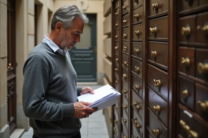 Homme triant son courrier dans le couloir d'un immeuble parisien style haussmannien
