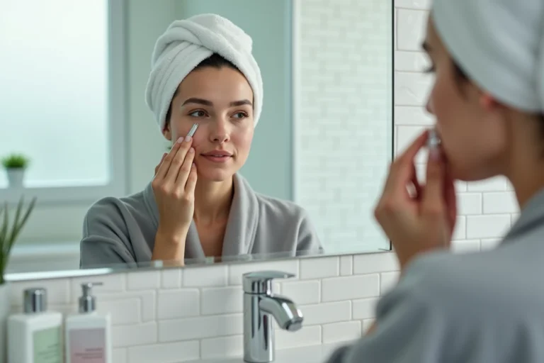 Jeune femme utilisant un tire-comédon en métal sur le nez devant un miroir de salle de bain moderne