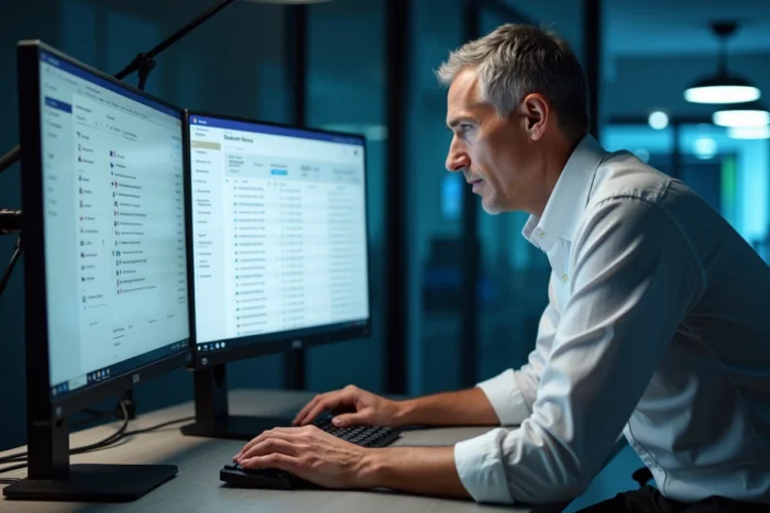 Administrateur IT vérifiant les connexions récentes et l'historique des participants sur Microsoft Teams