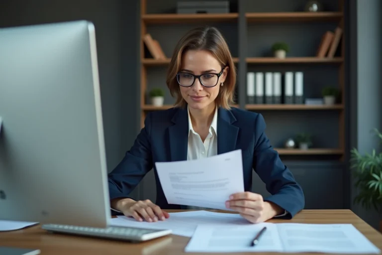 Femme vérifiant un courrier officiel dans un bureau administratif à Paris
