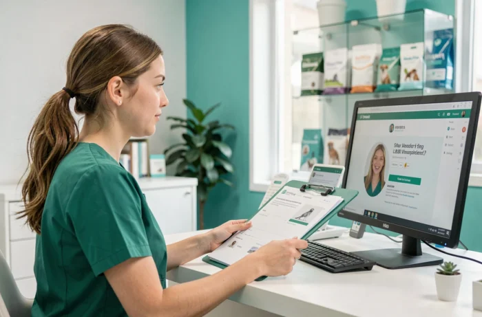 Vétérinaire consultant l'espace en ligne d'un patient animalier depuis la réception d'une clinique vétérinaire