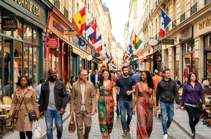 Une rue animée d'une ville française reflétant la diversité culturelle avec des passants de multiples origines et des enseignes multilingues