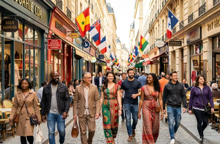 Une rue animée d'une ville française reflétant la diversité culturelle avec des passants de multiples origines et des enseignes multilingues