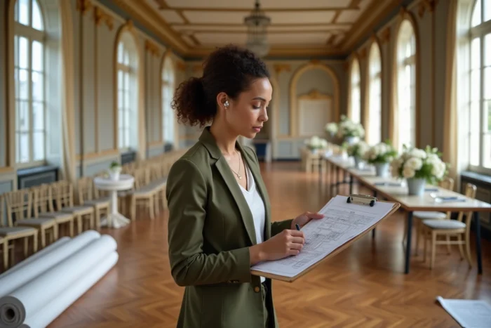 Wedding planner professionnelle supervisant la préparation d'une salle de mariage élégante avec un plan en main